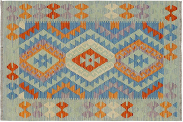Flat Weave Kilim, Antique, Navaho, Vintage, Handmade, Geometric Kilim Blue Rust Hand-Woven Rectangle 100% Wool Area Rug 3 x 4